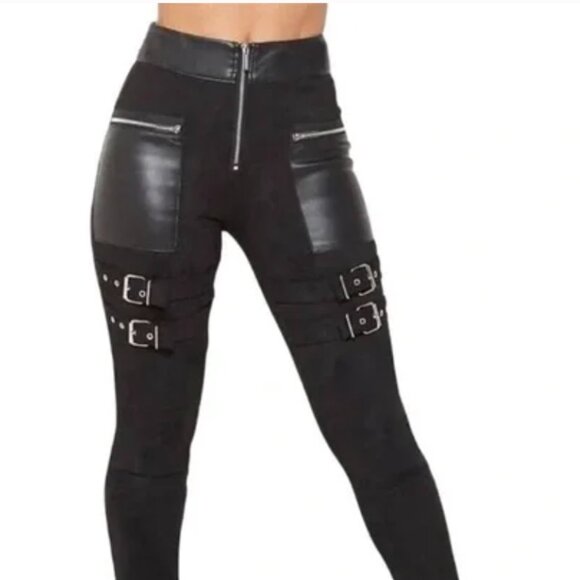 Maniere De Voir Cyberpunk Faux Suede Buckle Straps Leggings Pants UK 6 US 2 - Picture 5 of 16